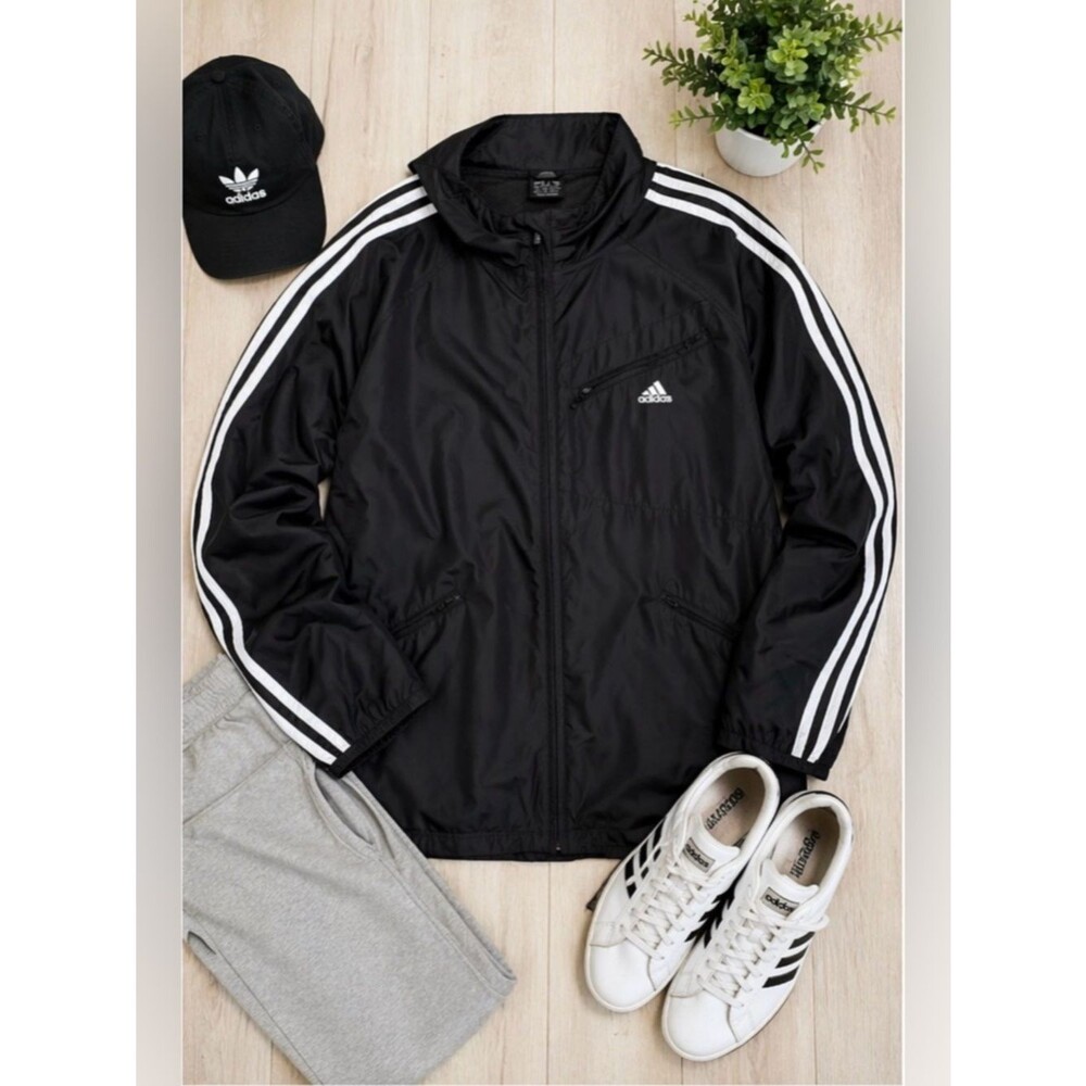 Adidas 3-Stripe Windbreaker Jacket Men’s 2XL Black White Full Zip Athletic
